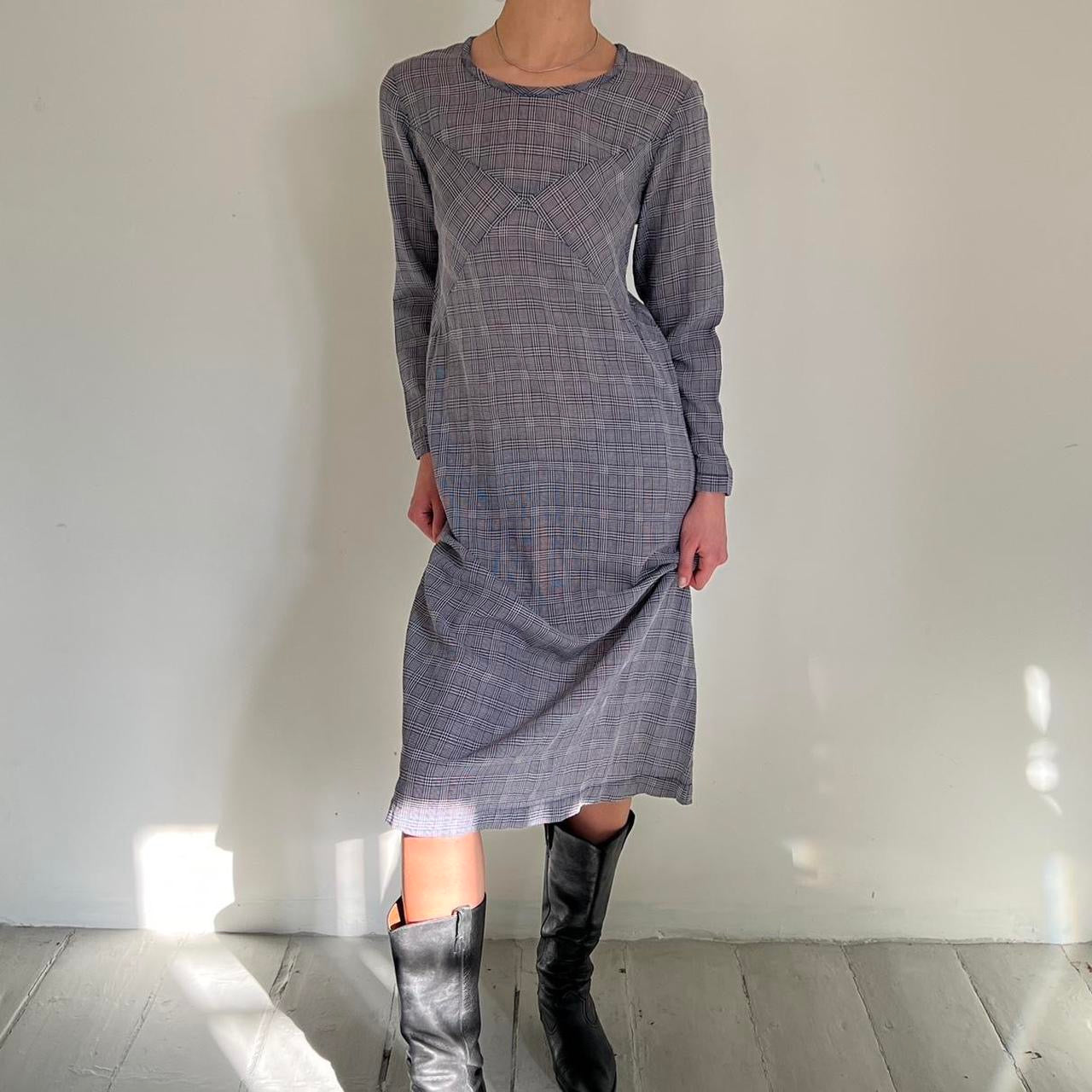 Comme Des Garçons tricot 1995 plaid baby blue/grey midi dress