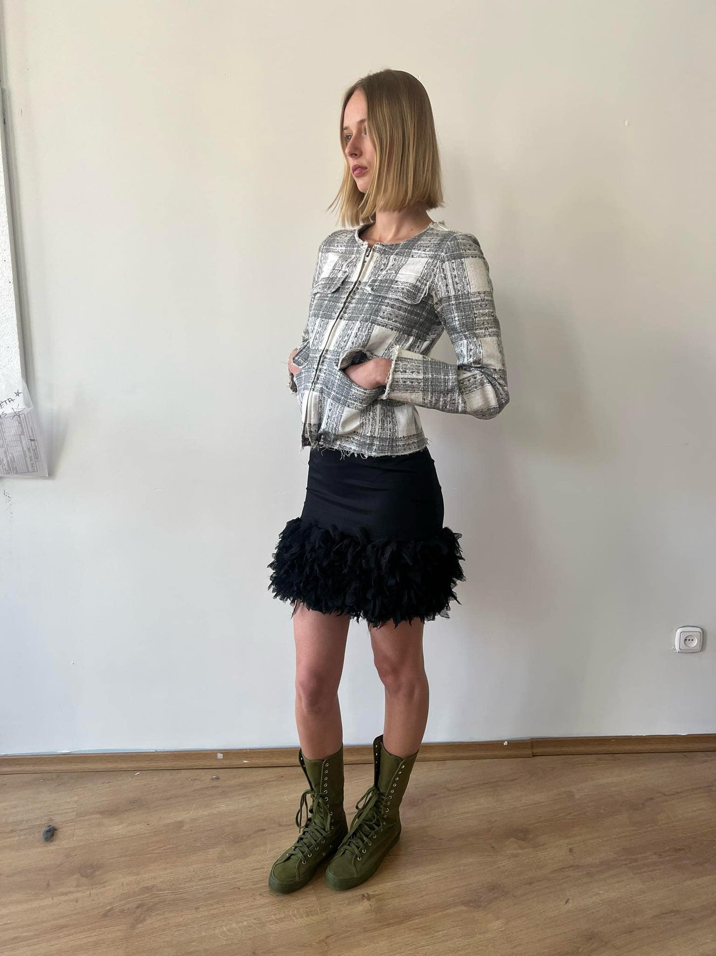 Mihara Yasuhiro Denim printed tweed illusion jacket