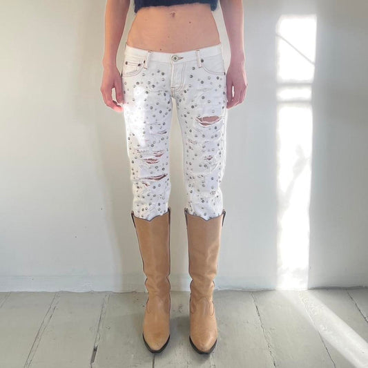 Nolita studded distressed white capri jeans