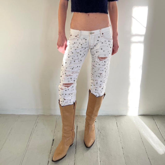 Nolita studded distressed white capri jeans