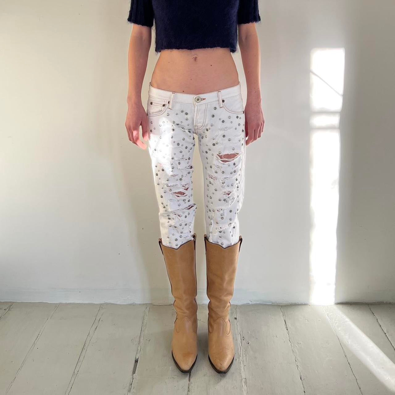 Nolita studded distressed white capri jeans