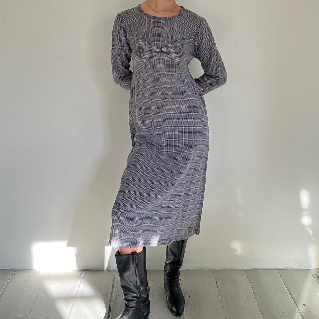 Comme Des Garçons tricot 1995 plaid baby blue/grey midi dress